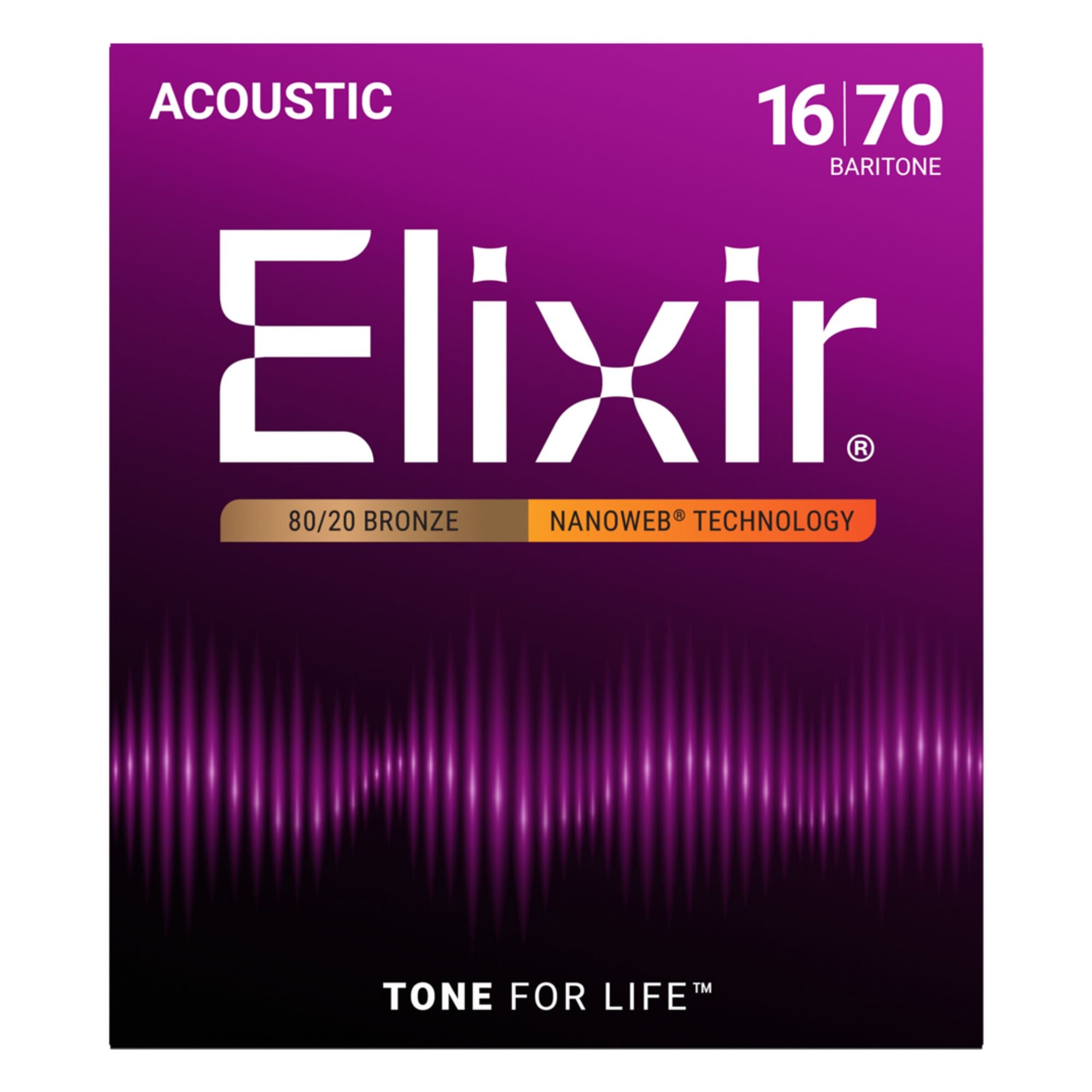 Elixir Nanoweb 80/20 Baritone acoustic guitar strings, 16-70 gauge, on a guitar, showcasing the string packaging and branding.