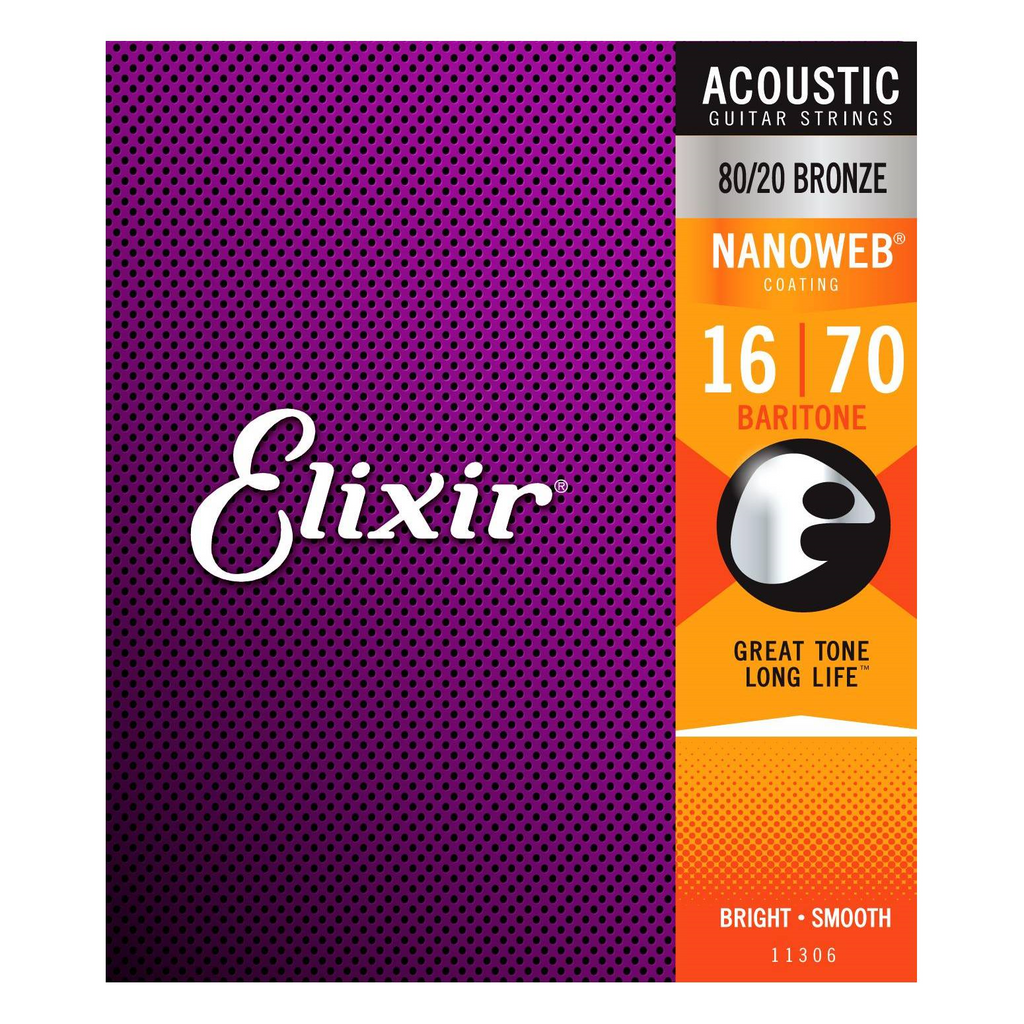 Elixir Nanoweb 80/20 Baritone Acoustic Guitar Strings set with 16-70 gauge, featuring coated metal for durability and bright tone.