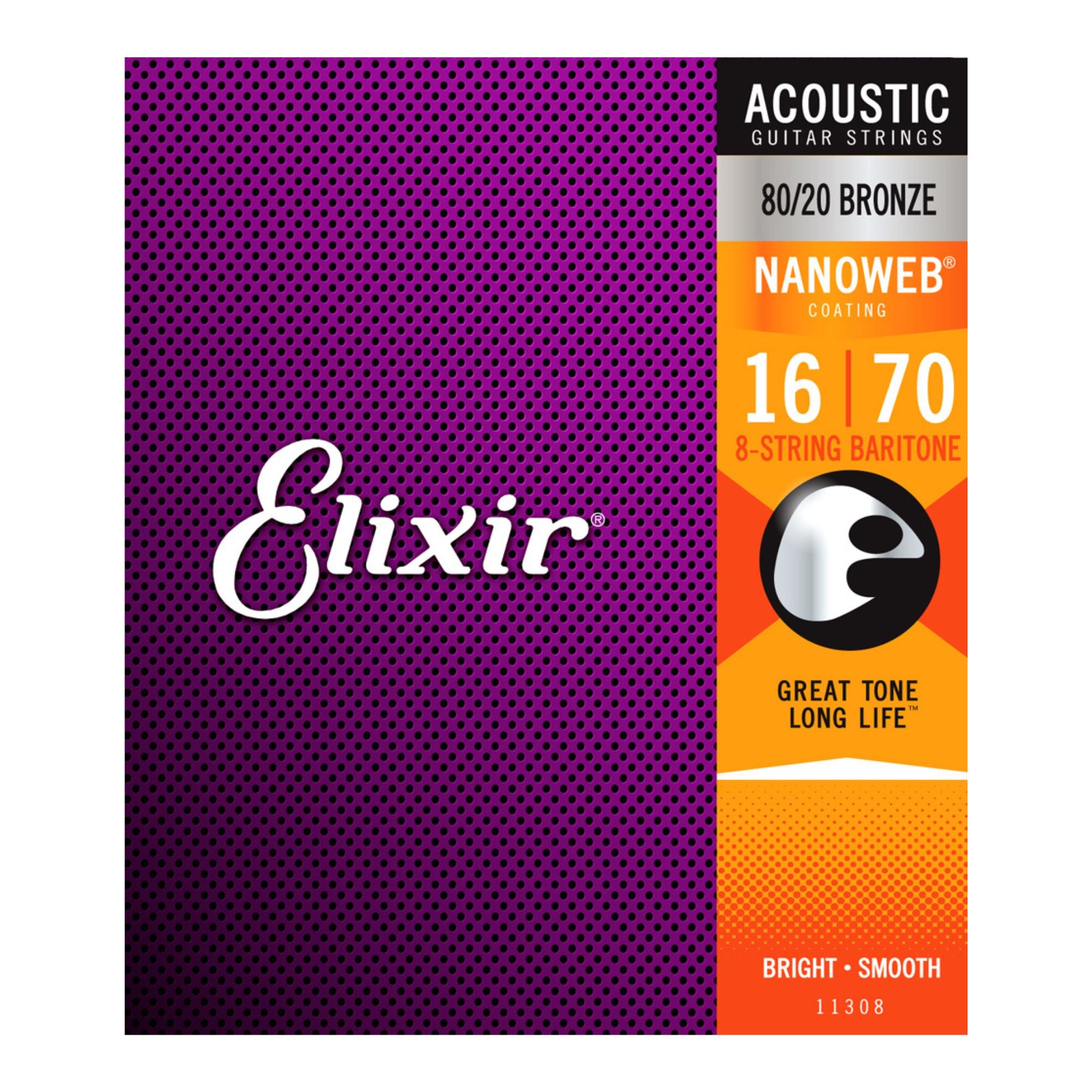 Elixir 16-70 baritone acoustic guitar string set with 8 strings made of 80/20 bronze, shown in the image.