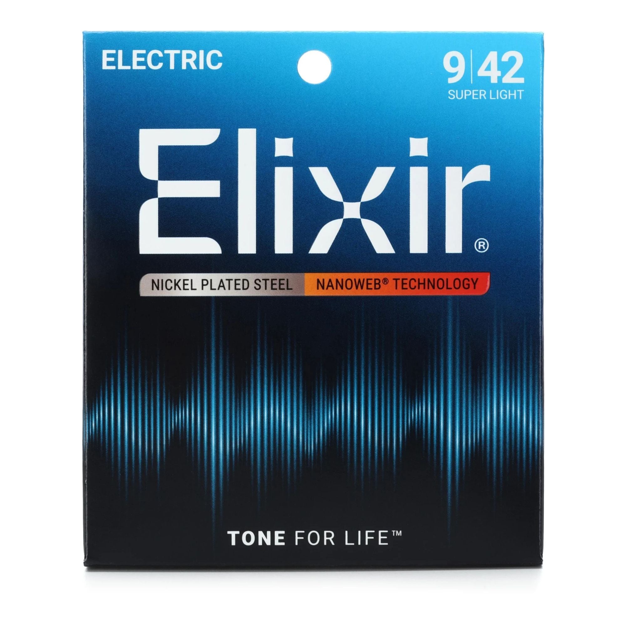 Elixir 9-42 Nanoweb coated super light gauge electric guitar strings on a guitar.