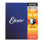 Elixir Super Light Gauge electric guitar strings with NANOWEB coating, showing packaging and strings on a white background.
