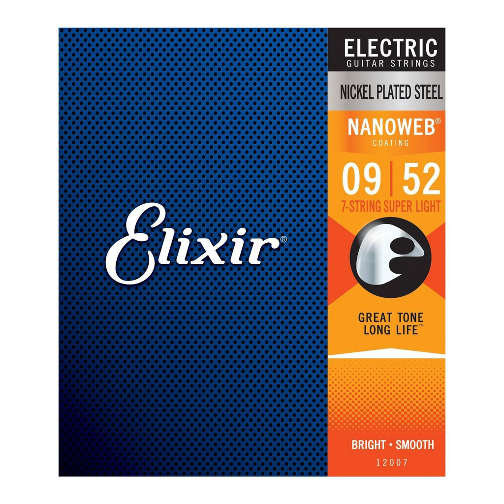 Elixir Nanoweb 7-string electric guitar strings, super light gauge 9-52, displayed on the packaging for Elixir brand.