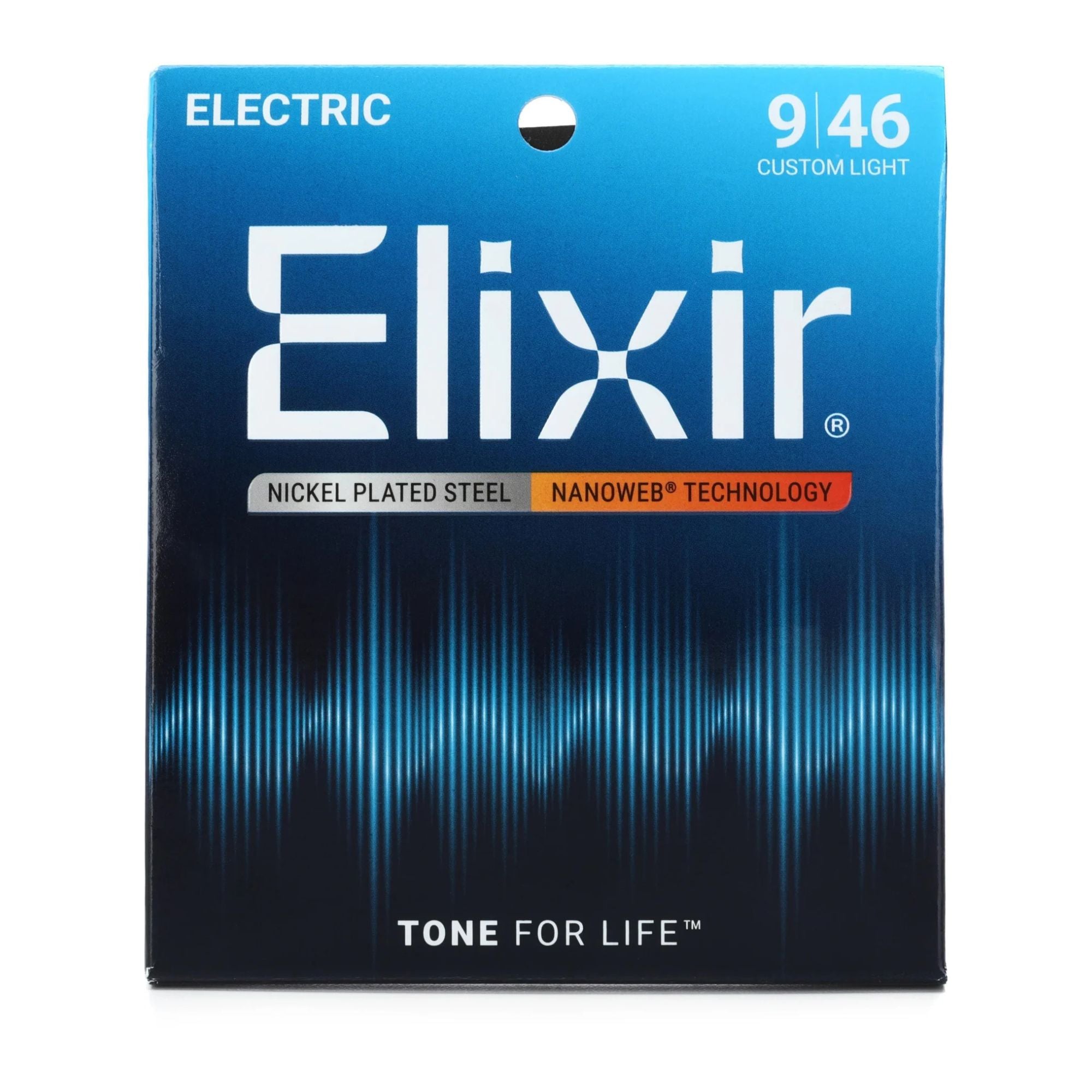 Elixir 12027 9-46 Custom Light Nanoweb electric guitar strings on a guitar, featuring their signature protective coating.