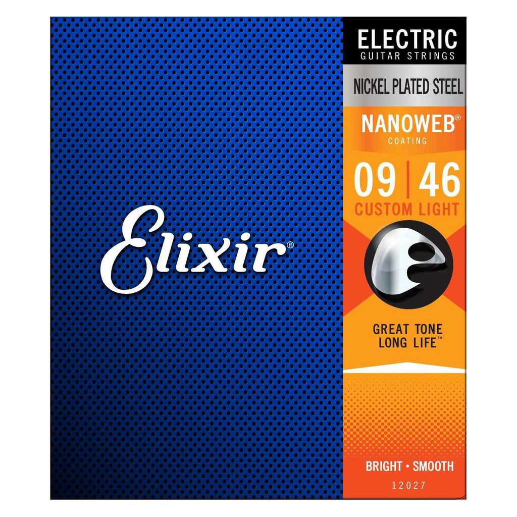 Elixir 12027 9-46 Custom Light Nanoweb electric guitar strings on a guitar bridge showing the packaging and strings.