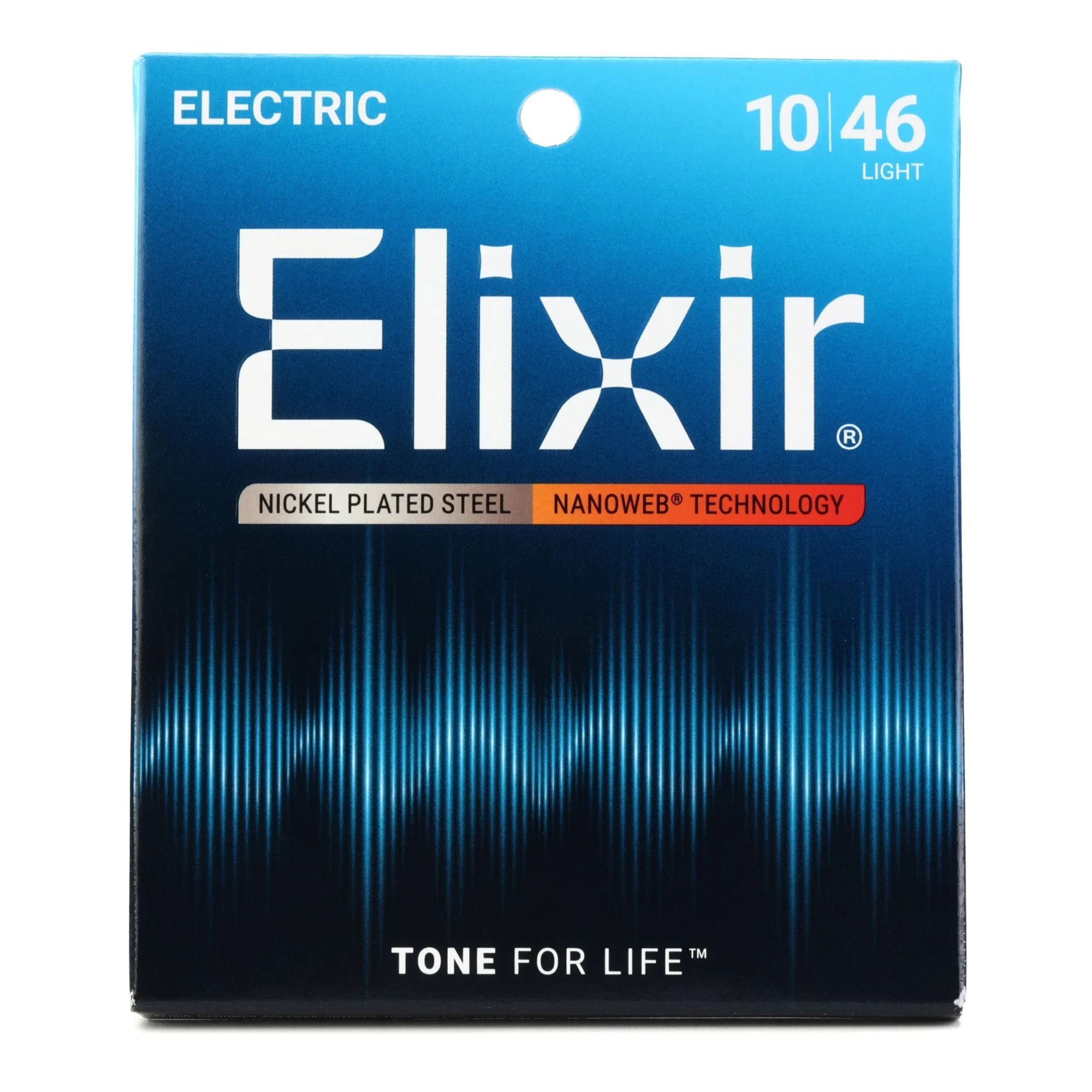 Elixir Elixir 10-46 electric guitar strings with NANOWEB coating and light gauge, shown on the product packaging.