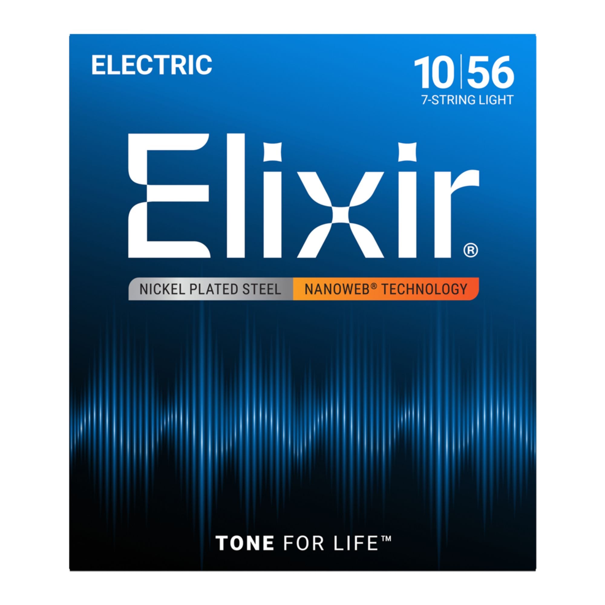 Elixir 10-56 7-string electric guitar strings with NANOWEB coating, light gauge, shown on a guitar.