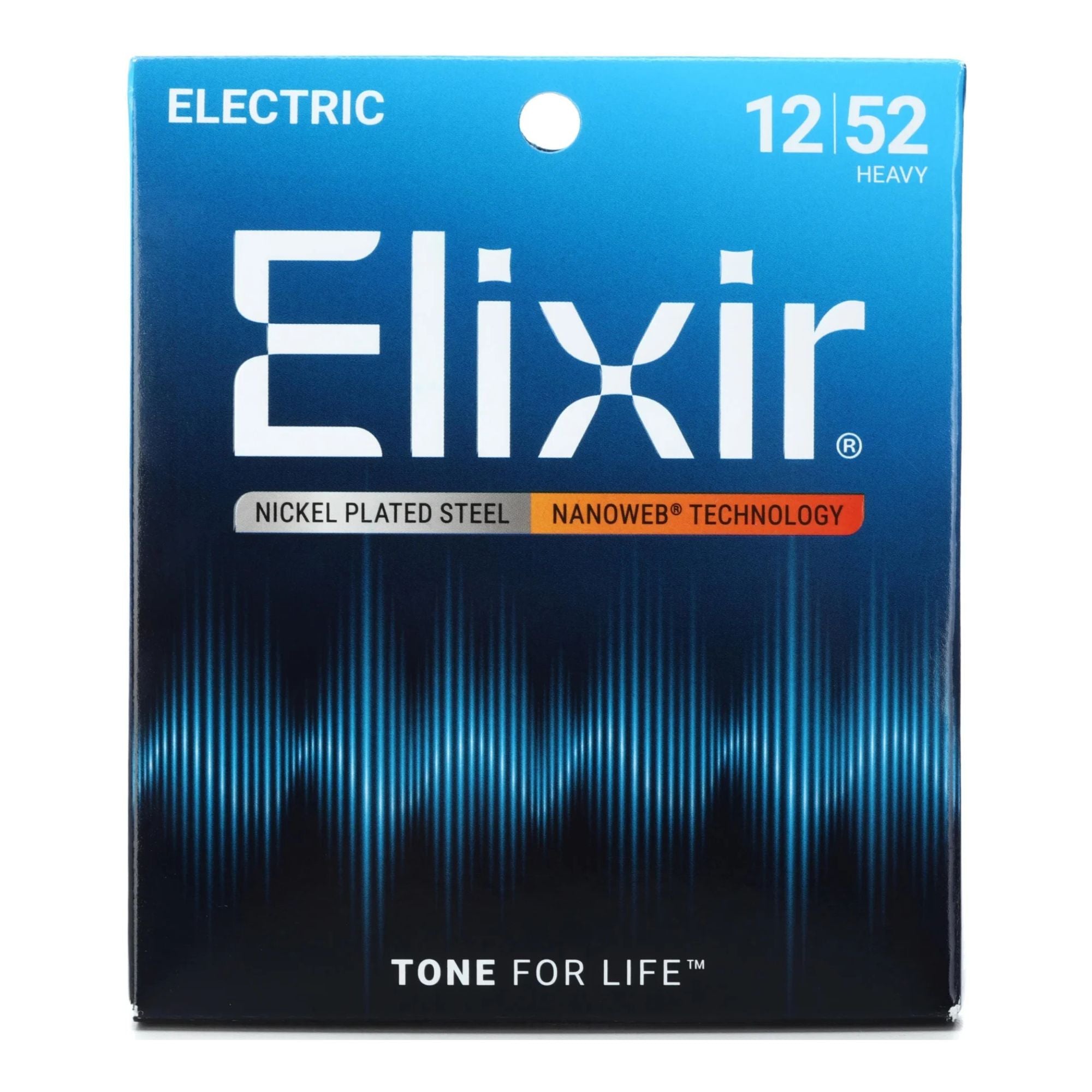 Elixir 12152 12-52 Heavy Nanoweb electric guitar strings shown on a guitar, highlighting the durable coating and packaging.