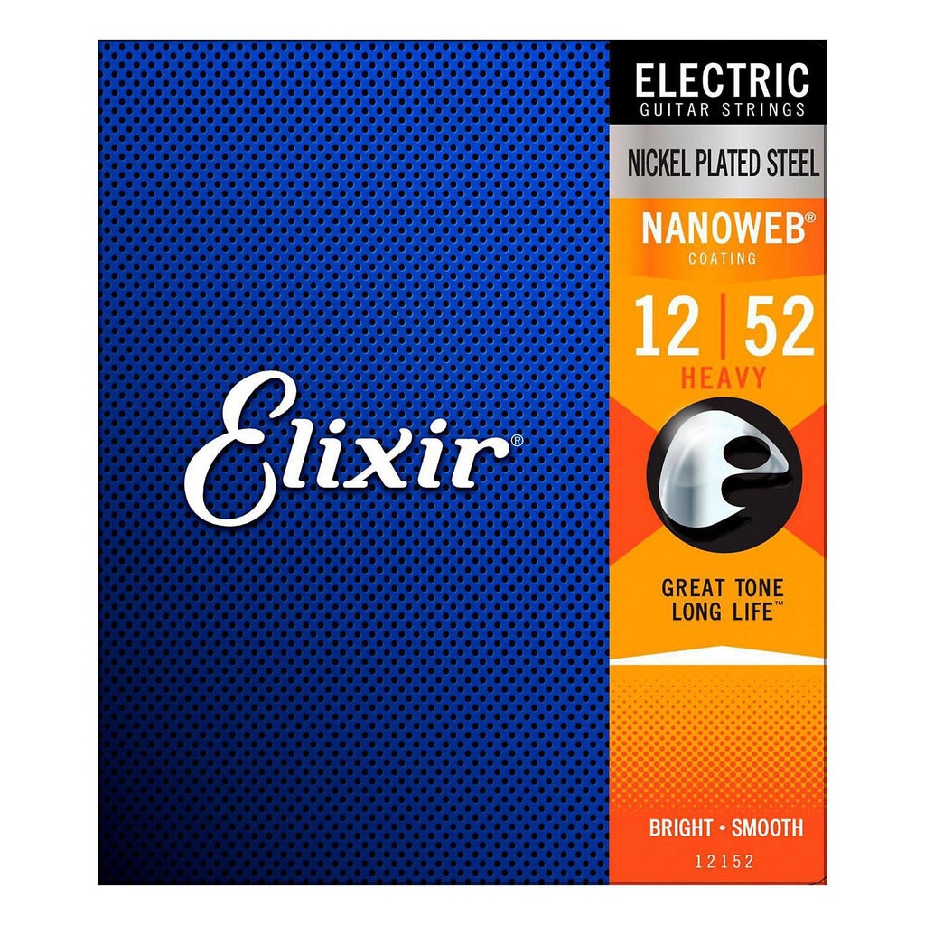Elixir 12152 electric guitar strings with Heavy Nanoweb coating, featuring 12-52 gauge for durable sound and playability