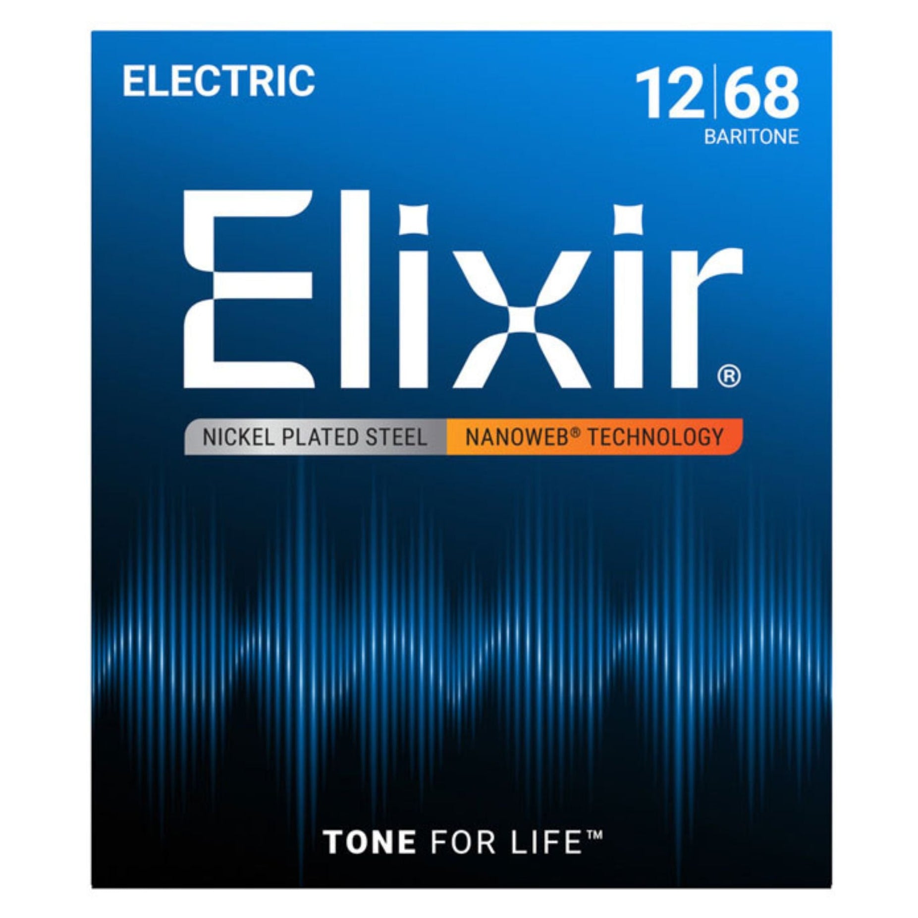 Elixir 12302 12-68 Nanoweb baritone electric guitar strings on a guitar, showcasing the packaging and string gauges.