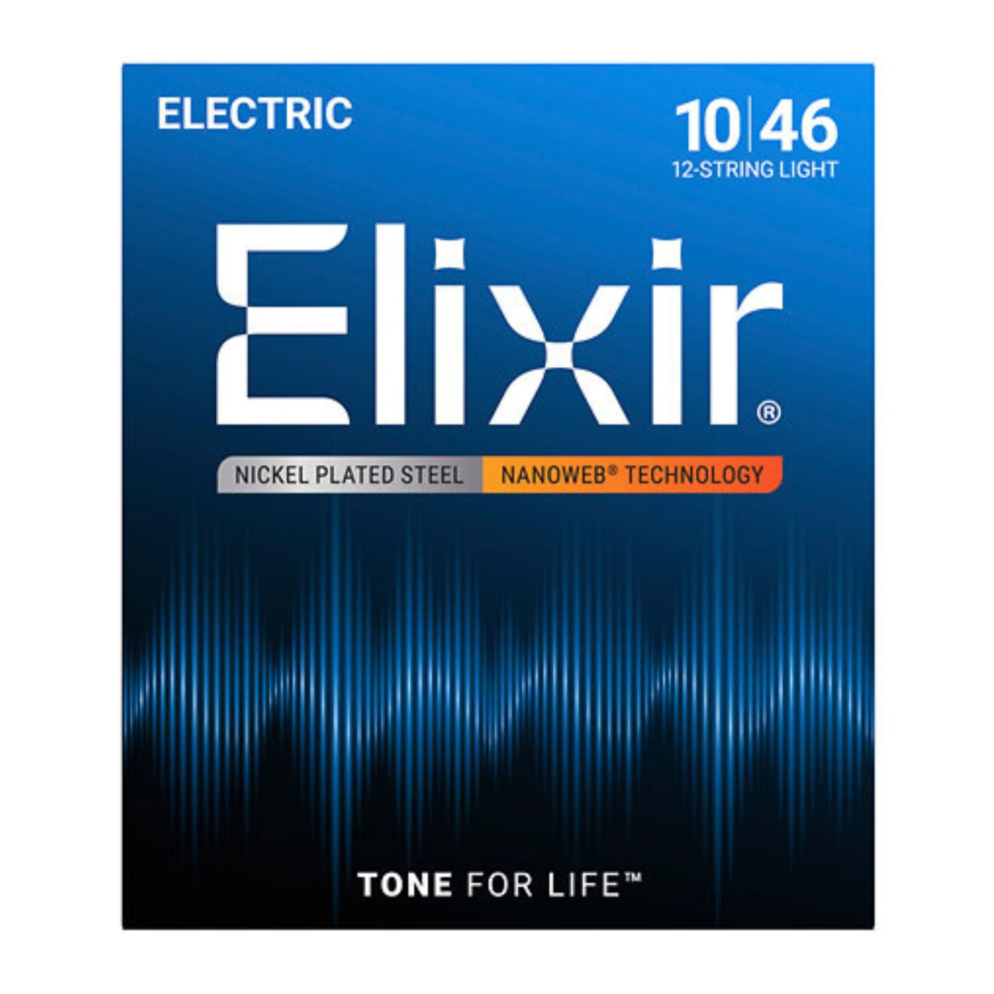 Elixir 12450 10-46 Light Nanoweb 12-string electric guitar strings on a guitar, showcasing the packaging and string details