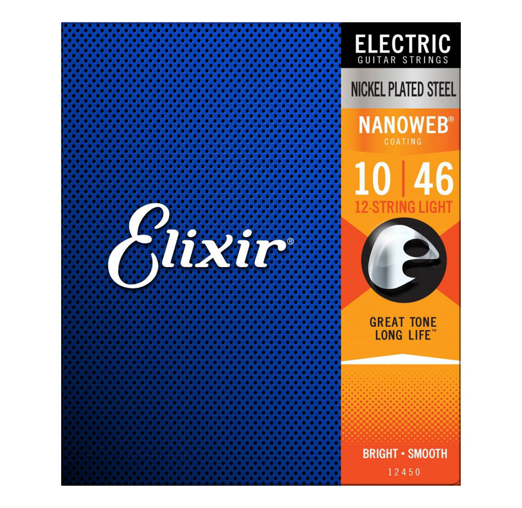 Elixir 12450 10-46 Light Nanoweb 12-string electric guitar strings, showing the packaged strings with branding and label details.