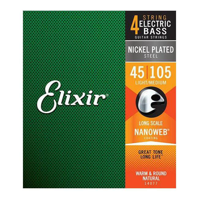 Elixir 45-105 bass guitar strings with nickel NANOWEB coating, medium gauge, four-string set, close-up of coated strings.