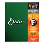 Elixir 45-105 bass guitar strings with nickel NANOWEB coating, medium gauge, four-string set, close-up of coated strings.