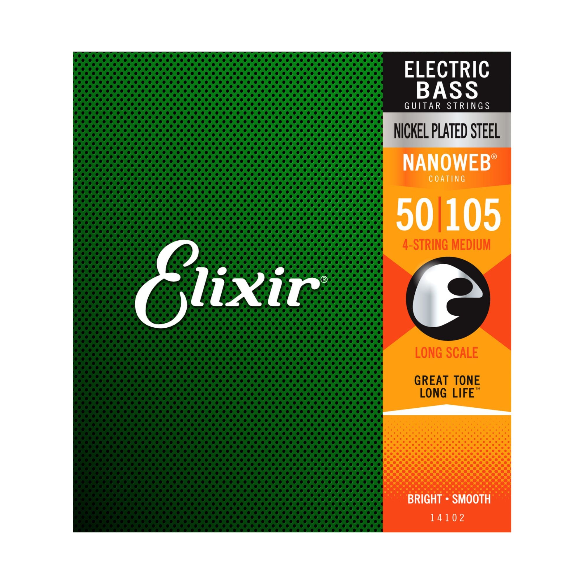 Elixir Nanoweb Bass Strings Heavy gauge 50-105, labeled E14102, shown on a bass guitar with clear coating for durability.