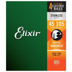 Elixir 14677 stainless steel bass guitar strings with NANOWEB coating, sizes 45 to 105, in a package of guitar accessories.