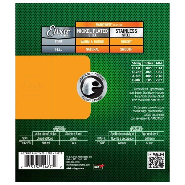 Elixir 14677 stainless steel bass guitar strings with NANOWEB coating, 45-105 gauge, shown on a guitar.