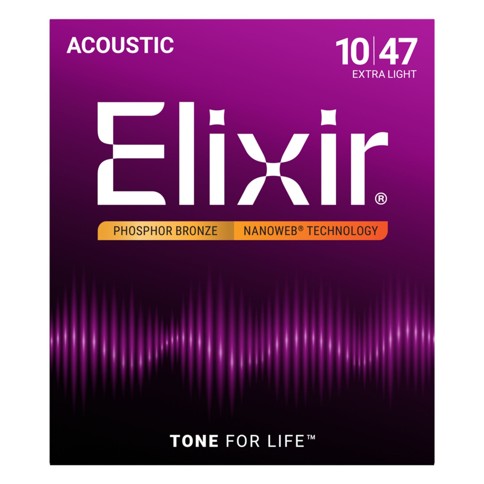 Elixir Nanoweb phosphor bronze acoustic guitar strings in extra light 10-47 gauge, shown in the image.