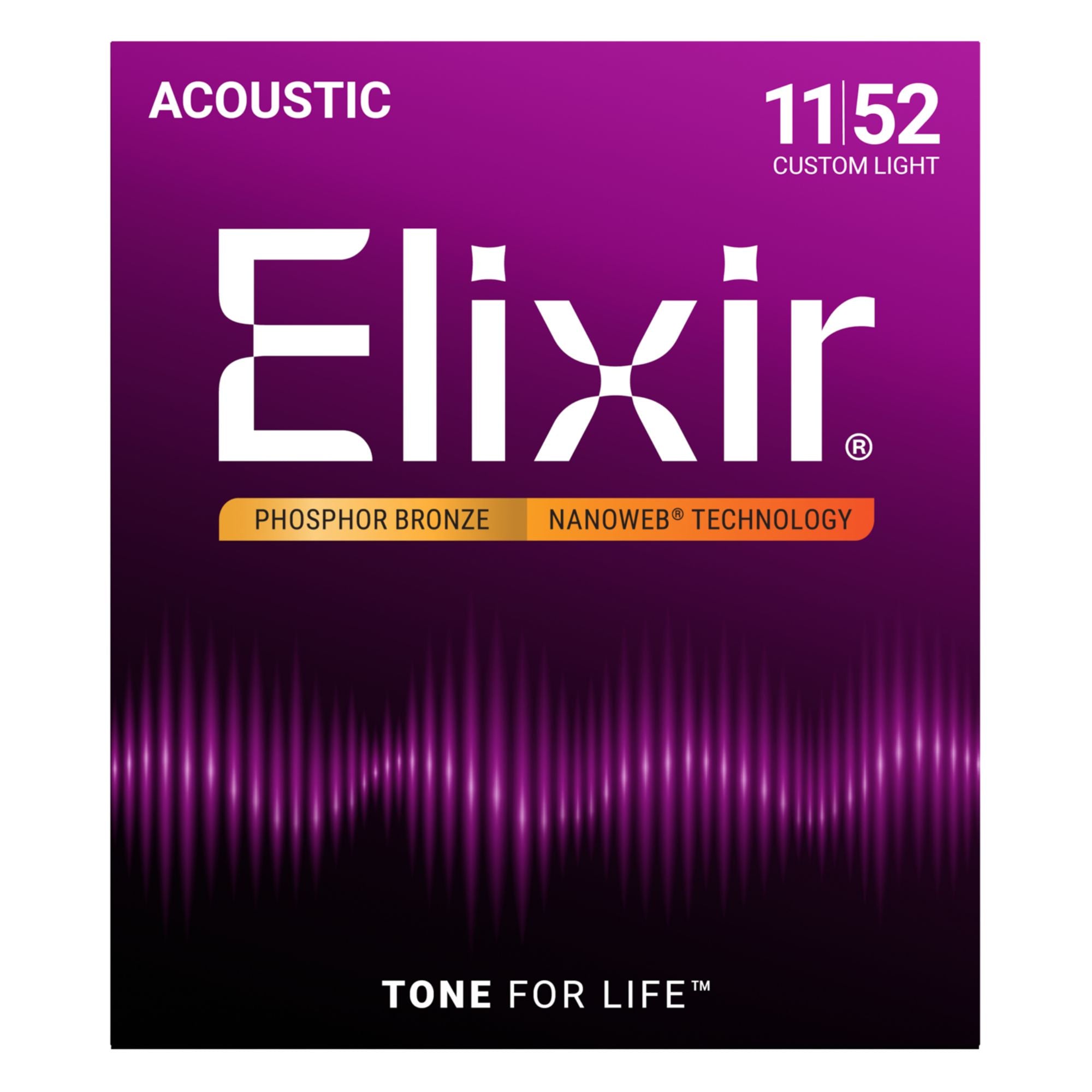 Elixir Nanoweb Phosphor Bronze acoustic guitar strings, custom light gauge 11-52, shown in packaging with strings visible.