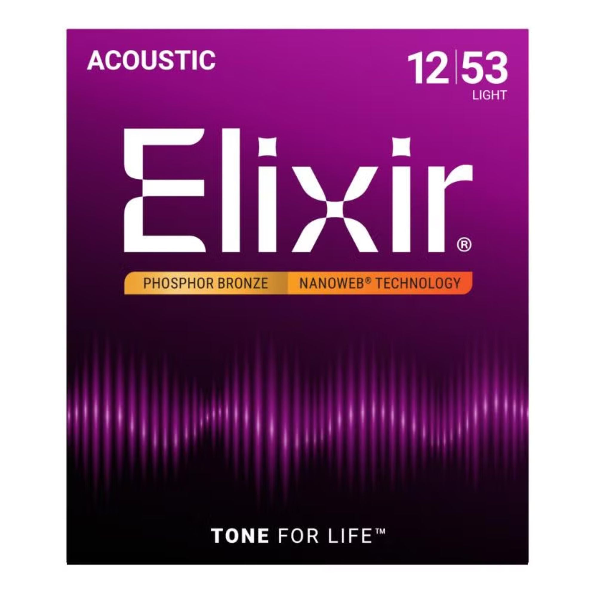 Elixir Nanoweb Phosphor Bronze light acoustic guitar strings, gauge 12-53, shown on a guitar.
