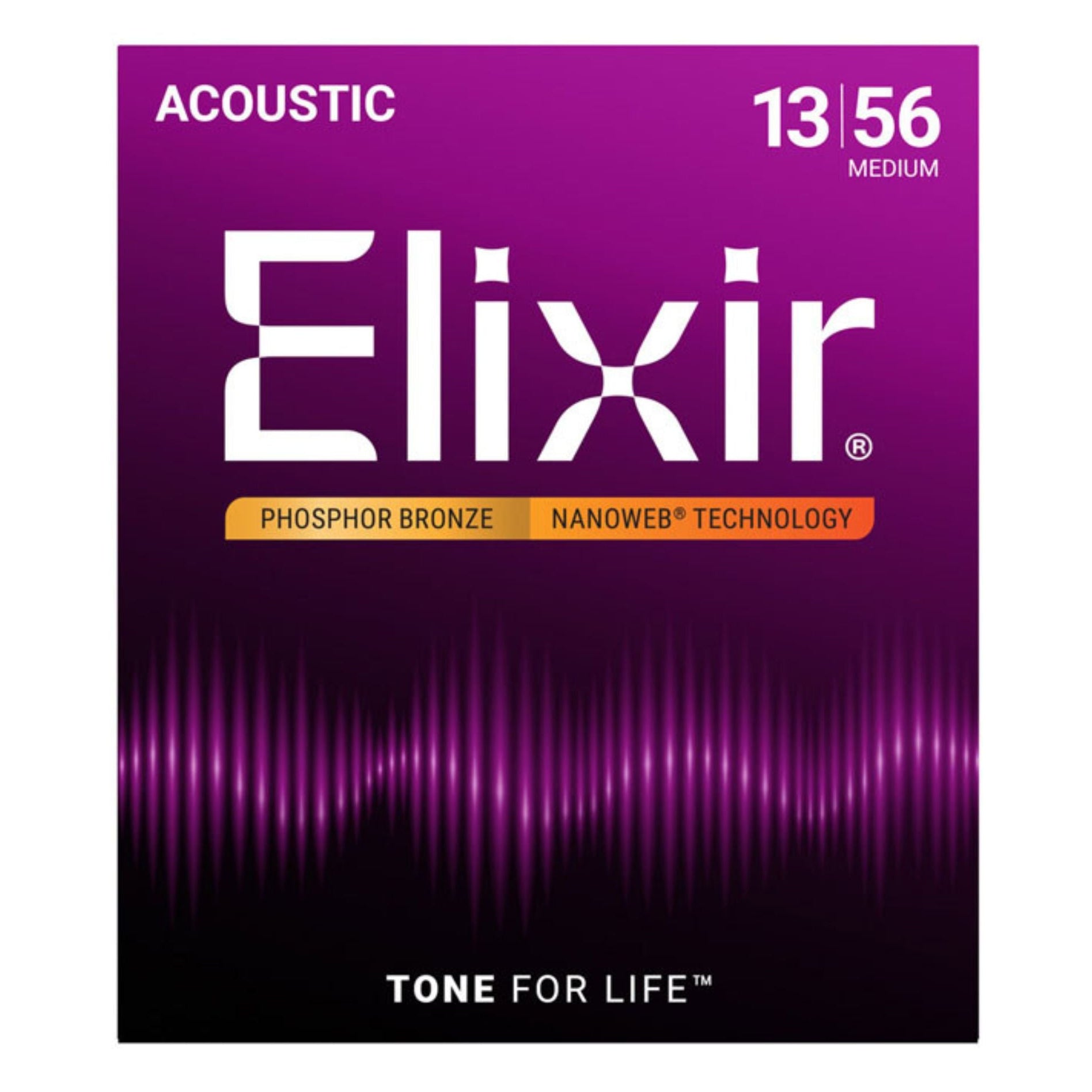 Elixir 16102 Nanoweb phosphor bronze medium gauge acoustic guitar strings, 13-56, displayed on a guitar.