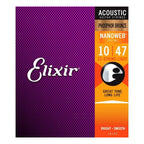 Elixir 10-47 12-string acoustic guitar strings with Nanoweb coating, light gauge, phosphor bronze, displayed on a guitar.
