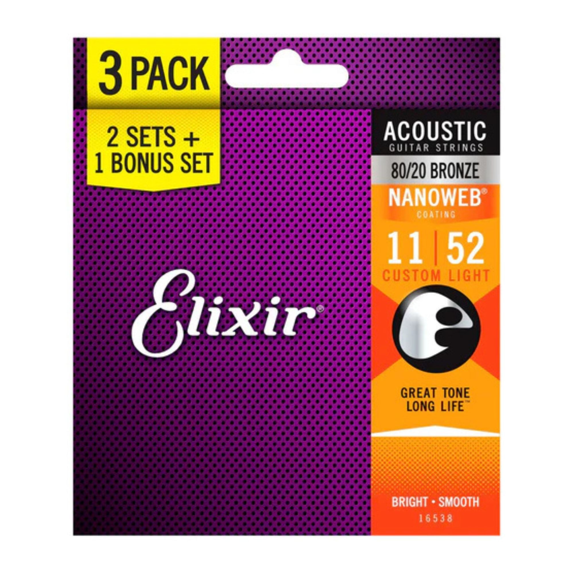 Elixir Nanoweb 80/20 11-52 acoustic guitar strings in a 3-pack, custom light gauge with clear coating and metal winding.