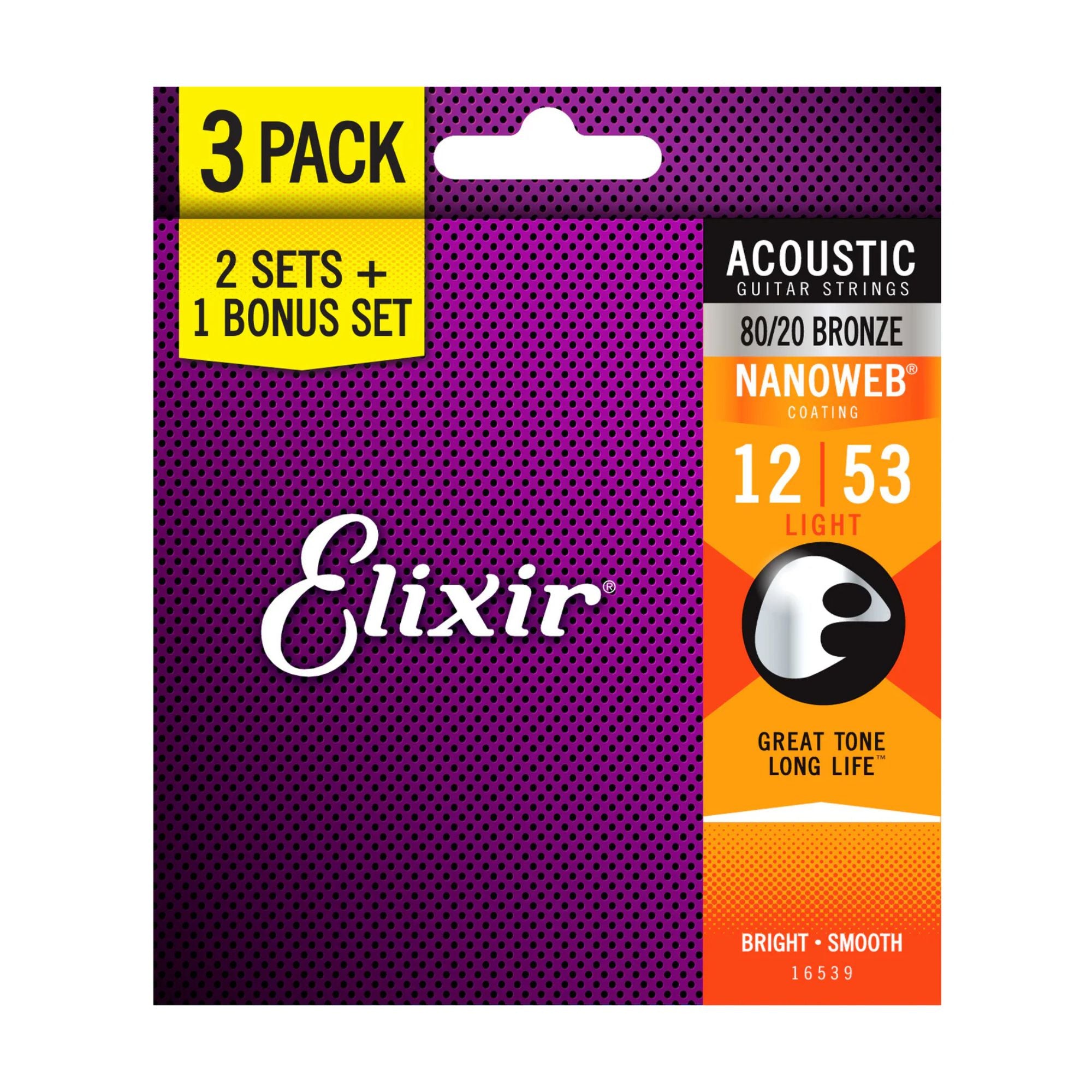 Elixir 16539P Nanoweb 80/20 bronze acoustic guitar strings 3-pack, light gauge 12-53, with packaging visible.
