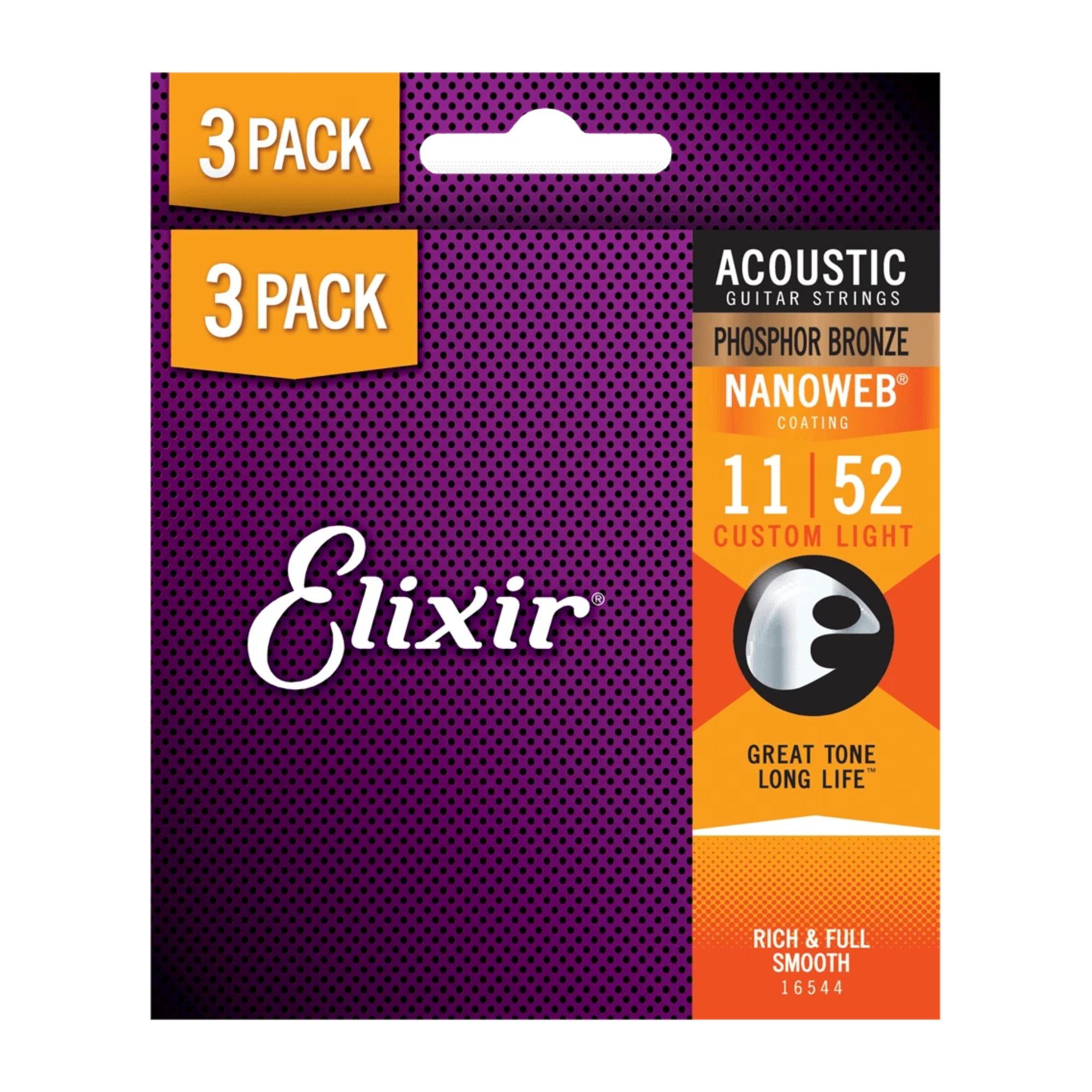 Elixir Nanoweb phosphor bronze acoustic guitar strings 11-52, three-pack, with clear packaging and visible string gauge markings.