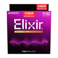 Elixir 16544 Nanoweb Phosphor Bronze 11-52 3 Pack Custom Light Acoustic Strings