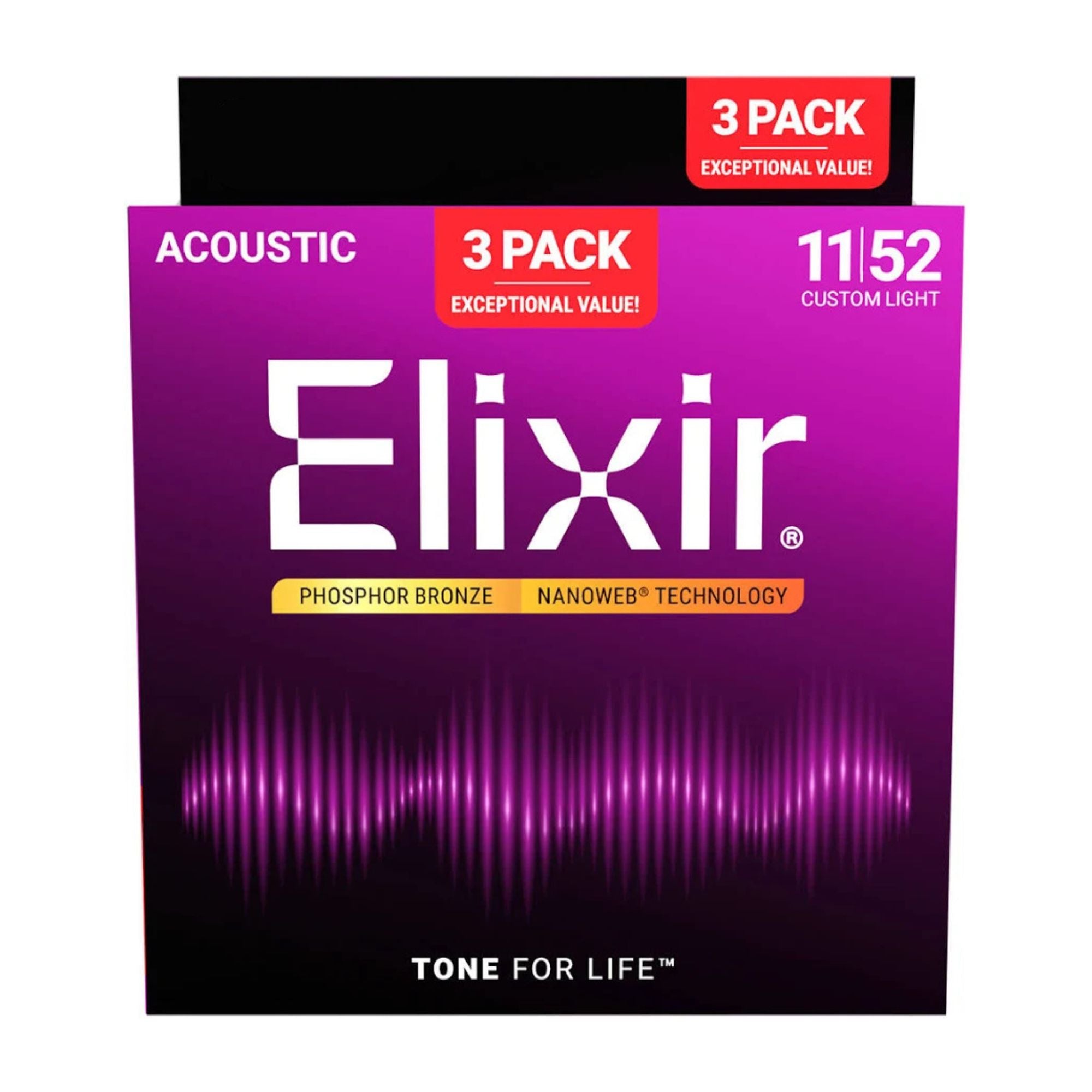 Elixir Nanoweb Phosphor Bronze acoustic guitar strings, 11-52 gauge, in a 3-pack, suitable for custom light tonal quality.