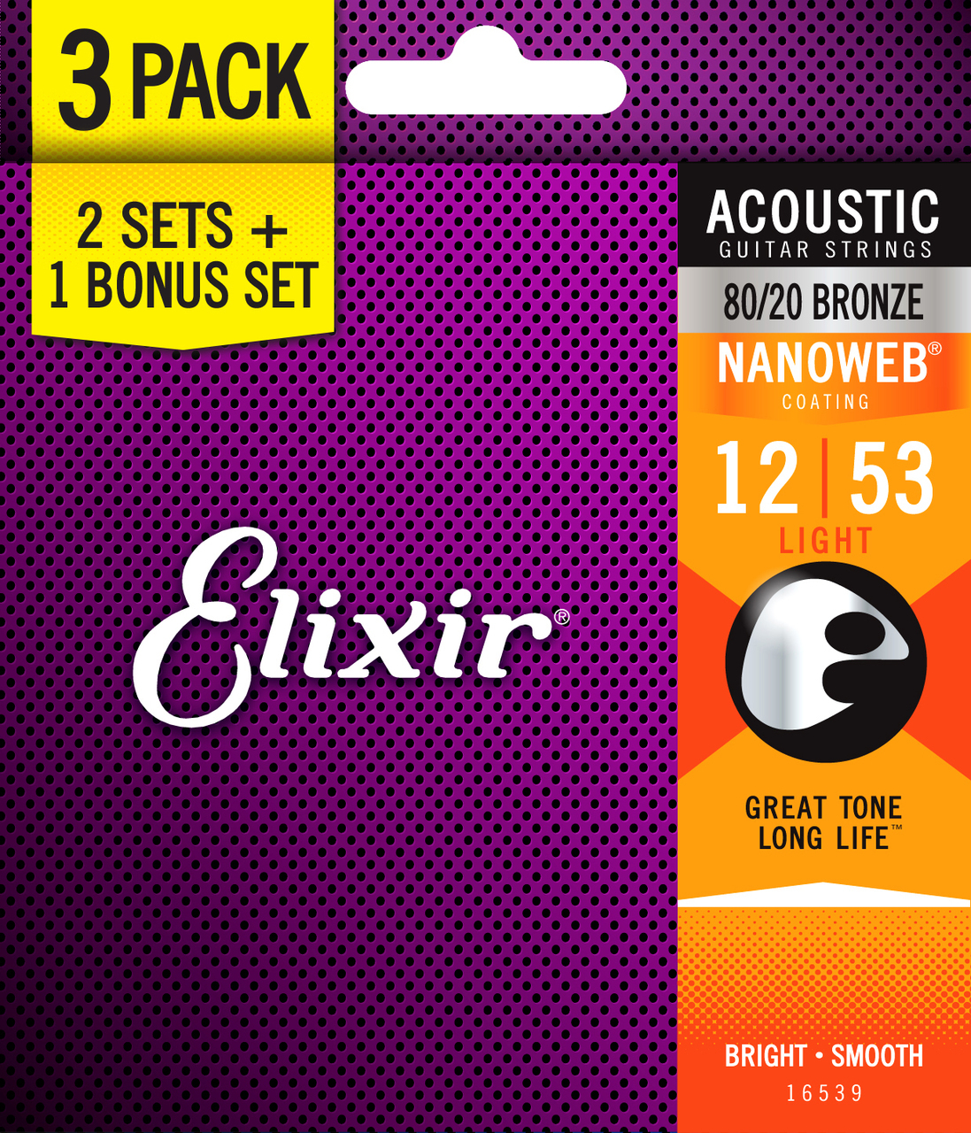 Elixir Nanoweb 80/20 12-53 light acoustic guitar strings, three-pack, with clear packaging and visible string gauges.