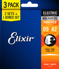 Elixir 16566 Nanoweb Electric 9-42 3 Pack Super Light Electric Guitar Strings