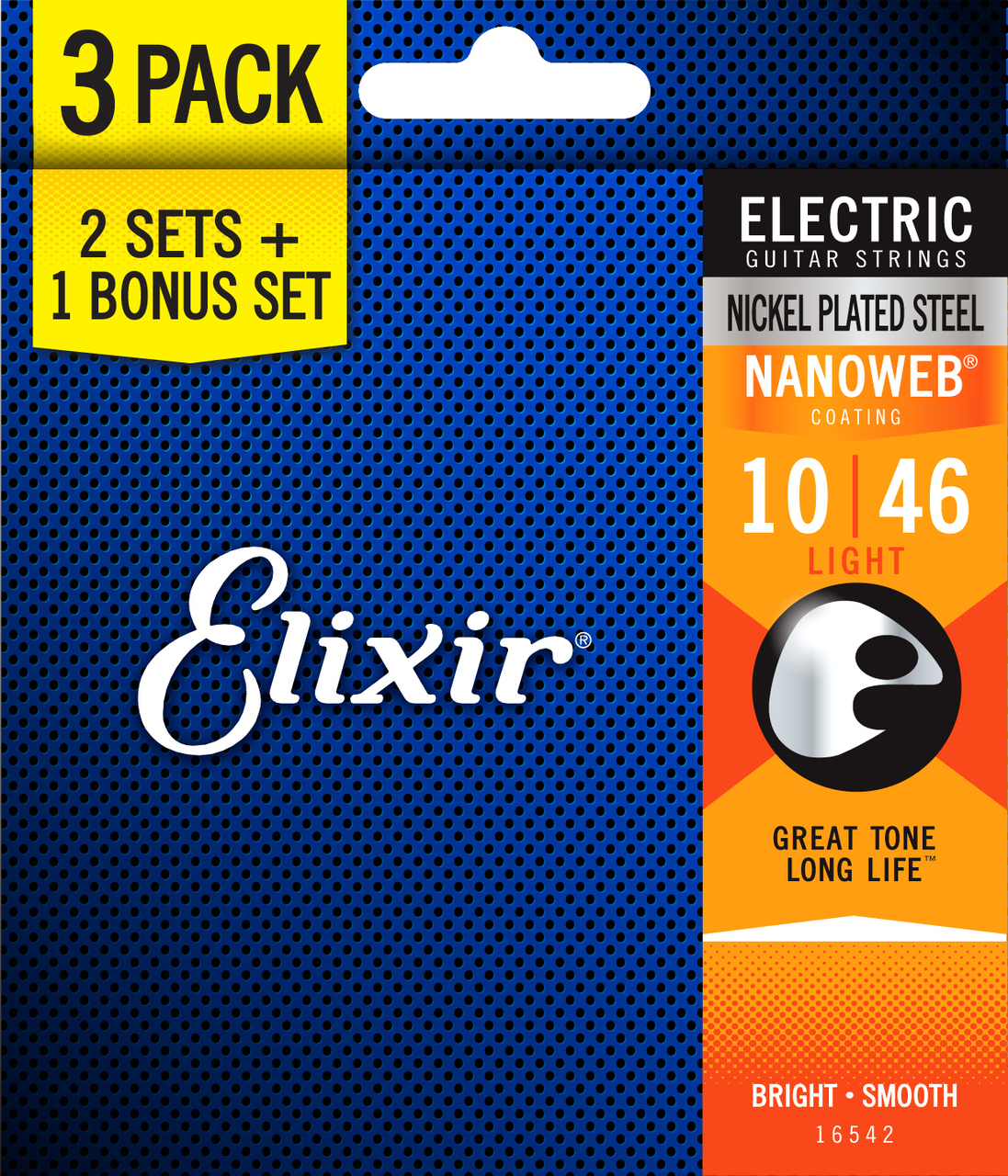 Elixir Nanoweb electric guitar strings pack with three sets, featuring 10-46 gauge for electric guitar playing.
