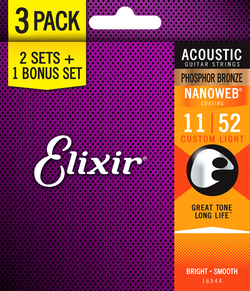 Elixir Nanoweb phosphor bronze acoustic guitar strings, 11-52 gauge, in a 3-pack, displayed in a close-up image.