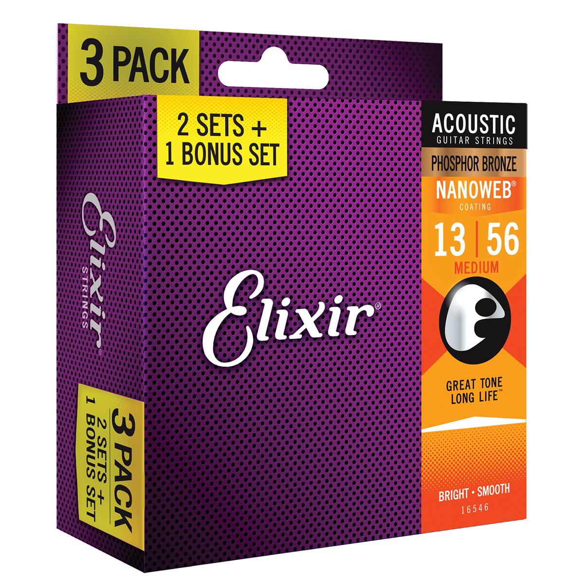 Elixir 16570 Nanoweb Phosphor Bronze acoustic strings pack with three medium gauge strings for guitar.