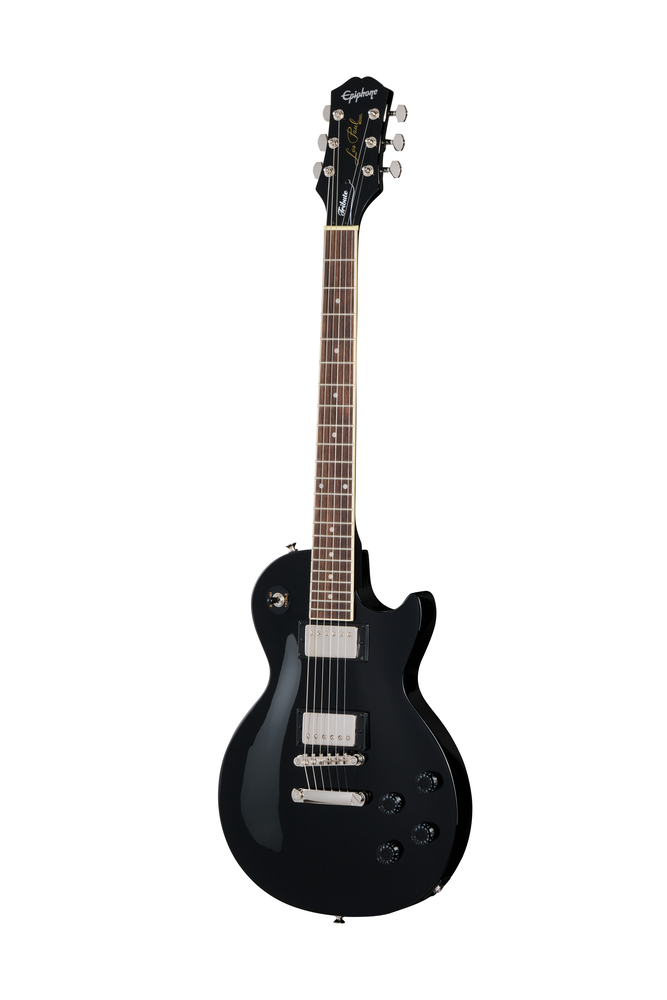 Epiphone Les Paul Tribute electric guitar in ebony with dual humbucker pickups and maple top, showcasing its sleek design.