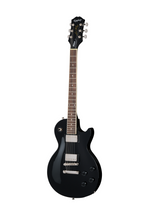 Epiphone Les Paul Tribute electric guitar in ebony with dual humbucker pickups and maple top, showcasing its sleek design.