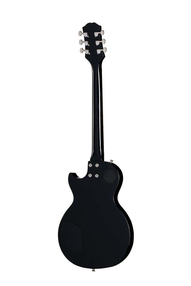 Electric guitar by Epiphone, Les Paul Tribute model in sleek ebony finish, showcasing its solid body and classic design features.