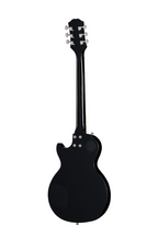 Electric guitar by Epiphone, Les Paul Tribute model in sleek ebony finish, showcasing its solid body and classic design features.