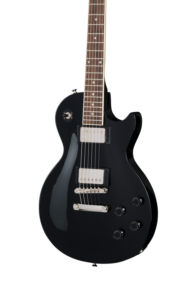 Epiphone Les Paul Tribute electric guitar in ebony finish with chrome hardware and dual humbucker pickups.
