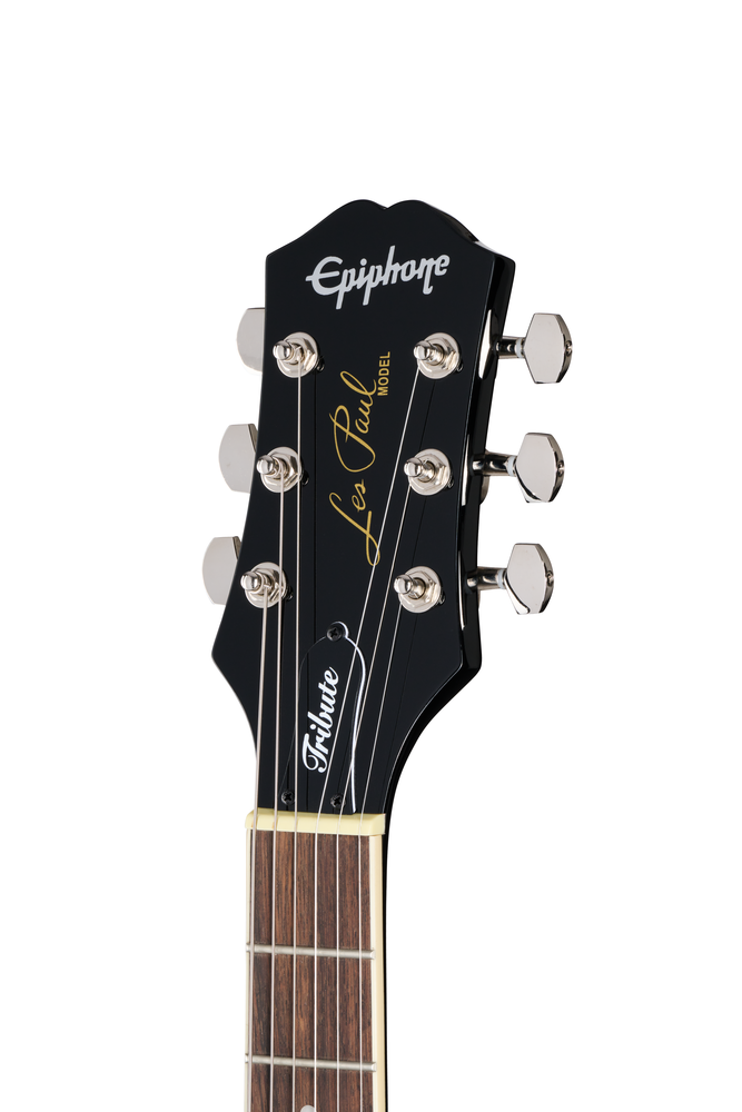 Epiphone Les Paul Tribute electric guitar in ebony finish with dual humbucker pickups and classic Les Paul body shape.