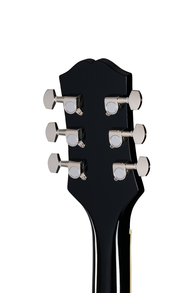 Epiphone Les Paul Tribute electric guitar in ebony with dual humbucker pickups and chrome hardware, showcasing its sleek finish and classic design.