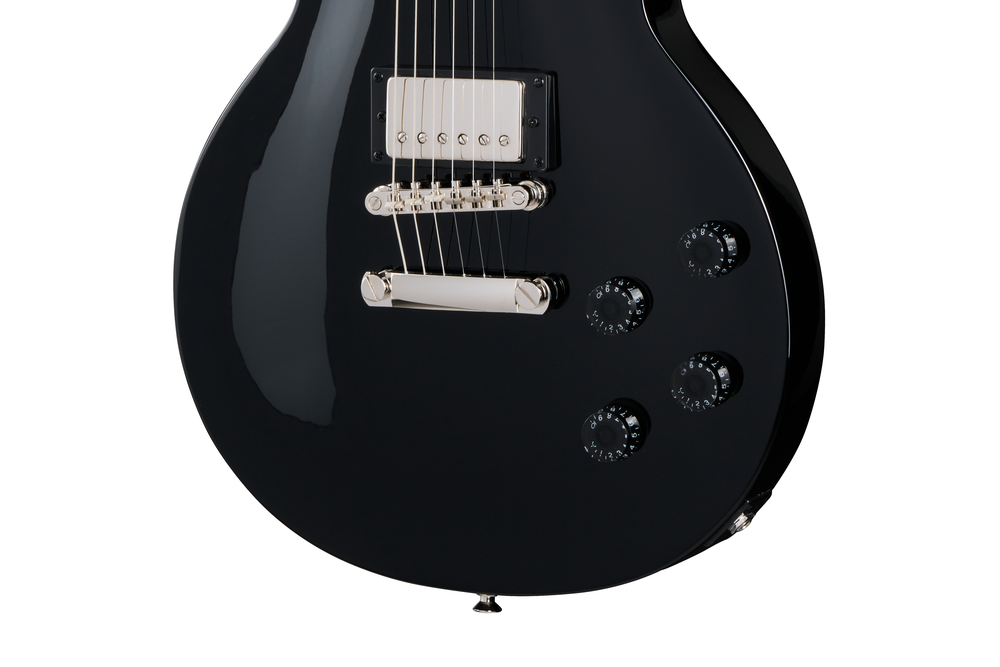 Epiphone Les Paul Tribute electric guitar in ebony finish, showcasing its sleek body, pickups, and hardware details.