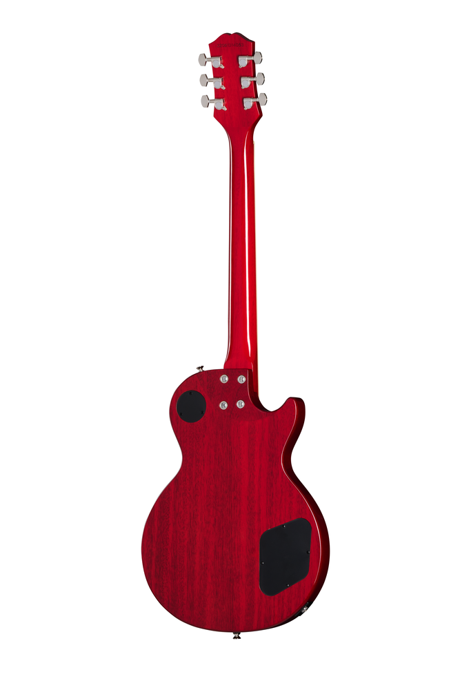 Electric guitar by Epiphone, Les Paul Tribute model in Hetg Cherry Sunburst finish, left-handed design with chrome hardware.