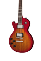 Epiphone Les Paul Tribute electric guitar in Hetg Cherry Sunburst finish, left-handed model with classic design and dual humbucker pickups.