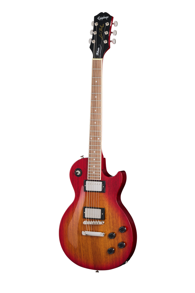 Epiphone Les Paul Tribute electric guitar in heritage cherry sunburst finish, showcasing its solid body and classic design.