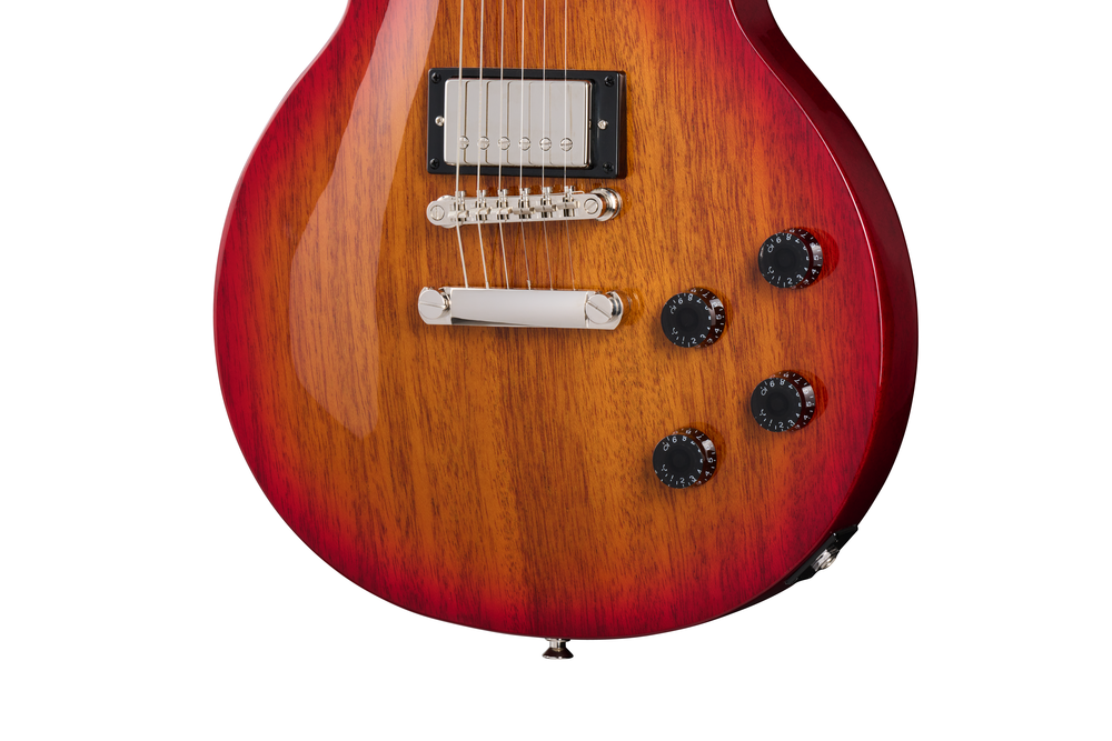Epiphone Les Paul Tribute electric guitar in Heritage Cherry Sunburst with gold hardware and classic design, close-up of body and pickups.