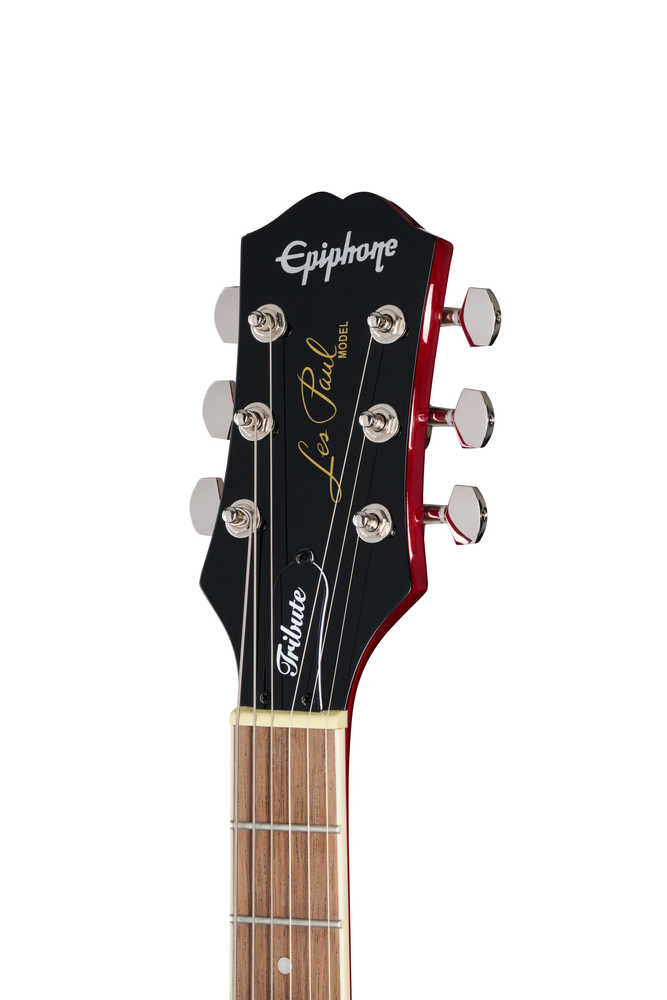 Epiphone Les Paul Tribute electric guitar with Heritage Cherry Sunburst finish, showcasing its solid body and dual humbucker pickups.
