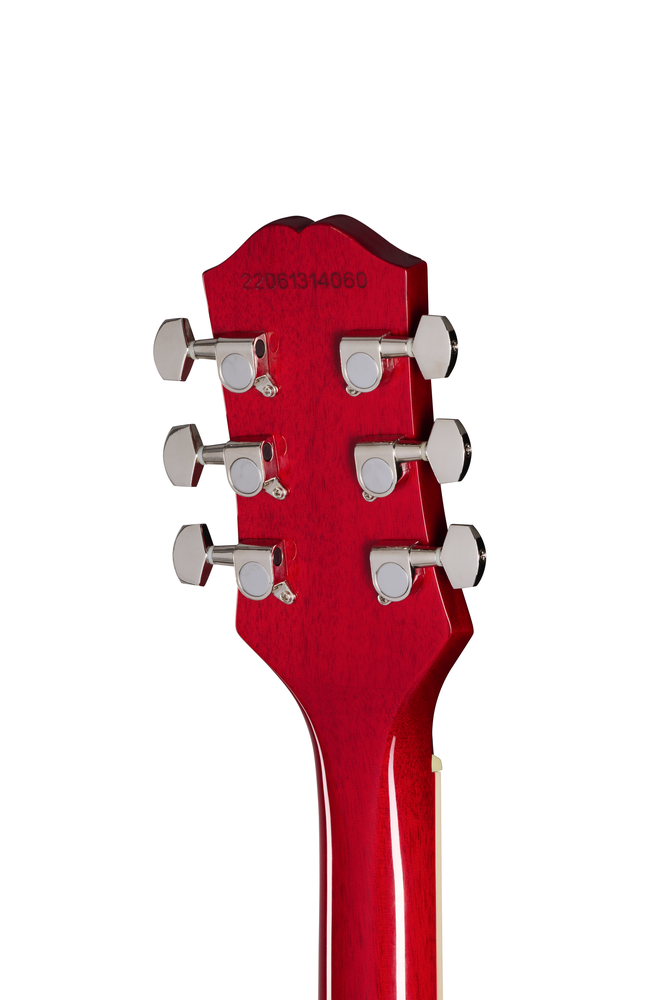 Epiphone Les Paul Tribute electric guitar in Heritage Cherry Sunburst with chrome hardware and humbucker pickups, close-up view.