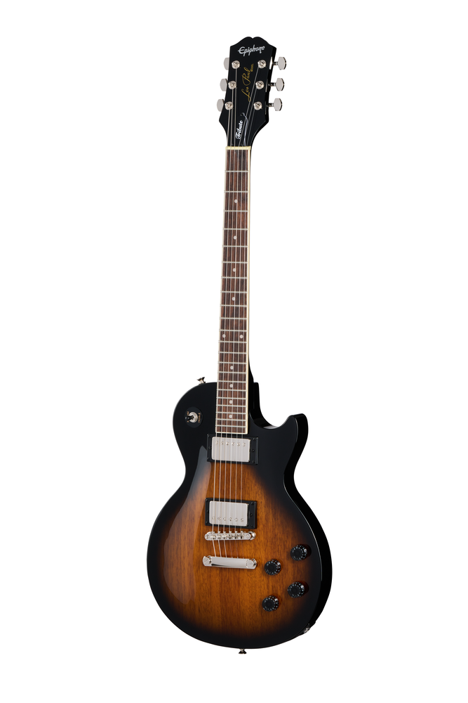 Epiphone Les Paul Tribute electric guitar in vintage sunburst finish, showcasing its classic design and dual humbucker pickups.